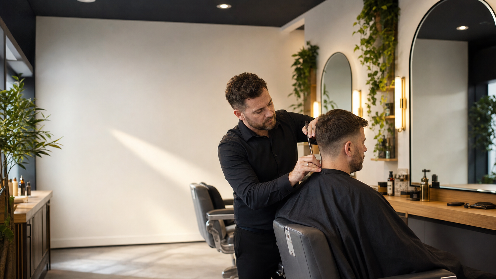 Barber carefully finishing a haircut in a bright contemporary barbershop